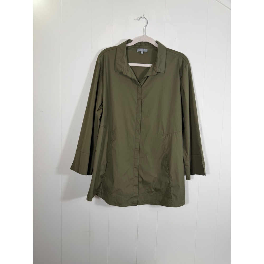 Habitat Button Front Stretch Tunic Top Olive Green Pockets XXL Lagenlook Artsy